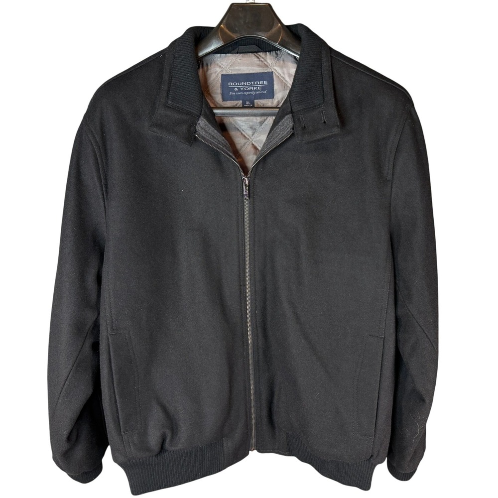 Roundtree & Yorke Mens Wool Blend Black Bomber Jacket with Quilted Lining XL NWT